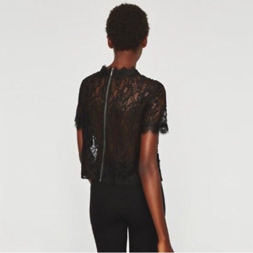 ZARA Floral Lace Black Short Sleeve Top - Picture 3 of 16